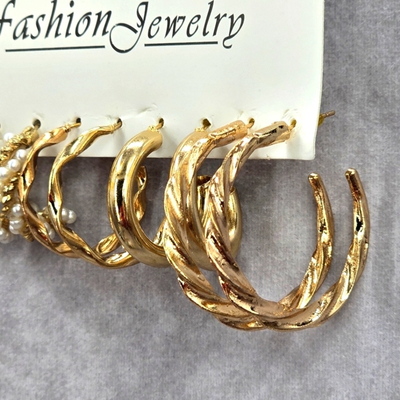 Gold Hoop Dangle Set of Five Pearl Spiral Dangle Earrings Fashion Jewelry JB2-62 - Picture 3 of 4